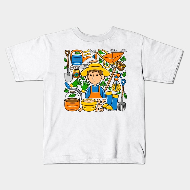 Man Farmer Kawaii Doodle Kids T-Shirt by MEDZ